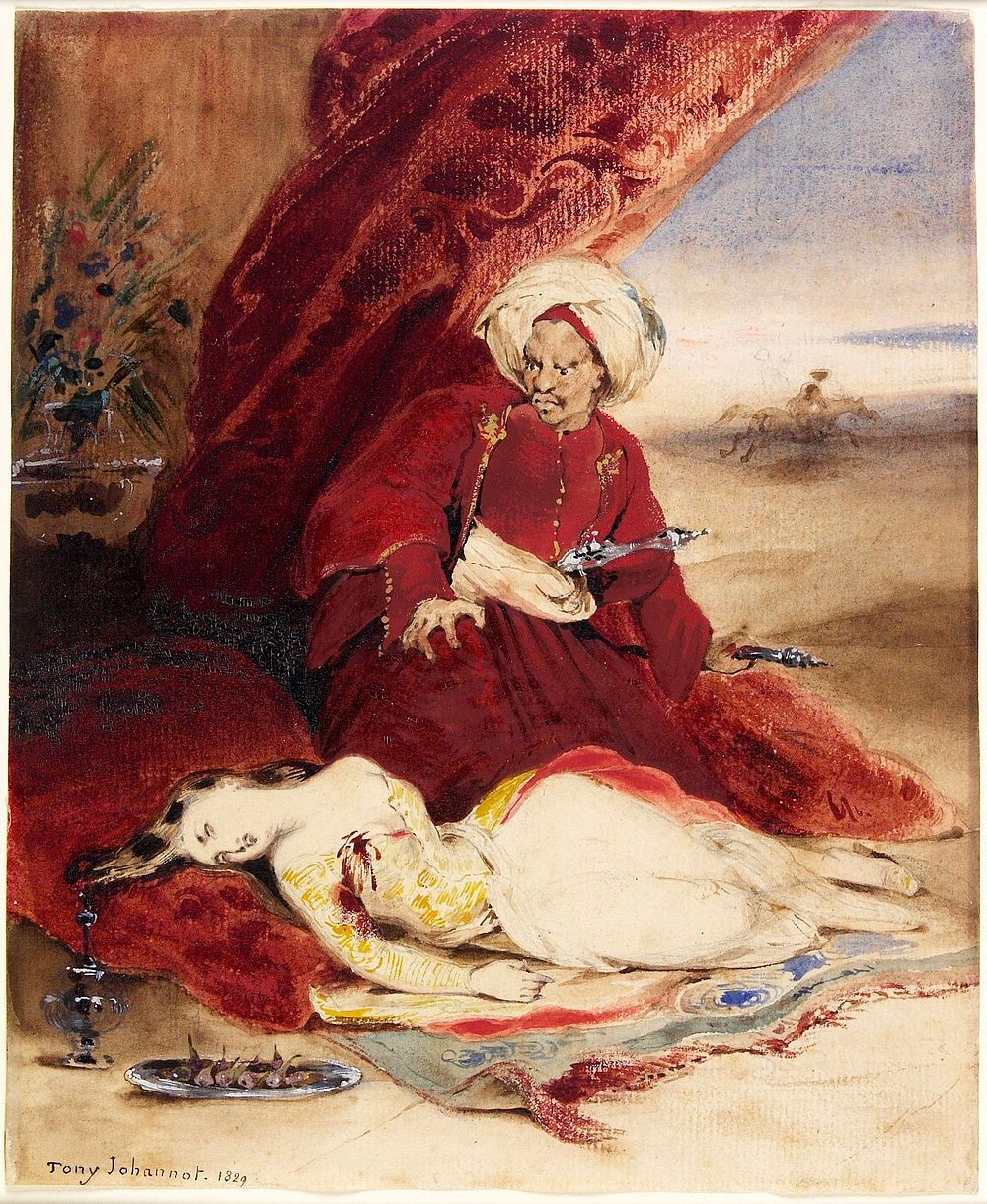Dark-skinned man wearing a turban and a red robe, holding a dagger; reclining woman in gold, white and red gown with stab…