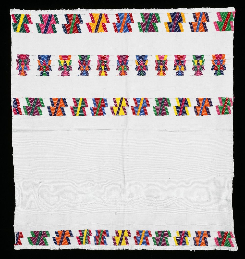 White background with supplementary weft patterning; four stripes and multi-colored geometric brocade.. Original from the…