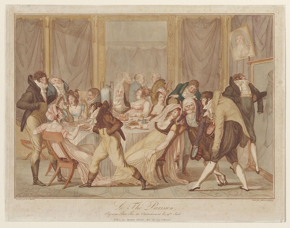 Satire of early 19th-century French society gathering for tea. Original from the Minneapolis Institute of Art.