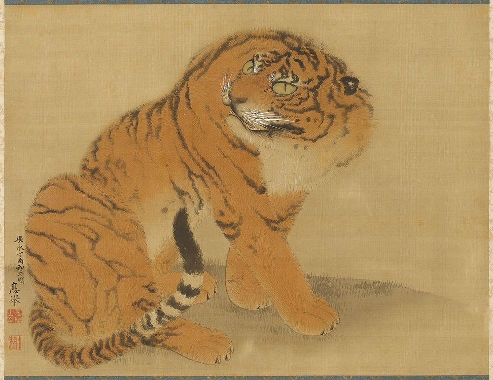 Seated tiger viewed from PR side; tail wrapped around right side of body; head turned to tiger's back, towards left; beige…