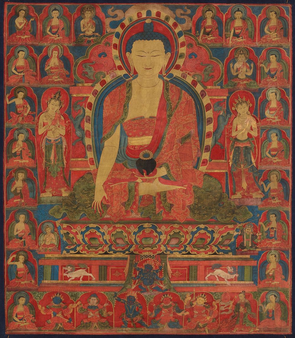 Shakyamuni seated on a throne, flanked by 2 Bodhisattvas and surrounded by 8 rows of seated deities and monks; red, gold…