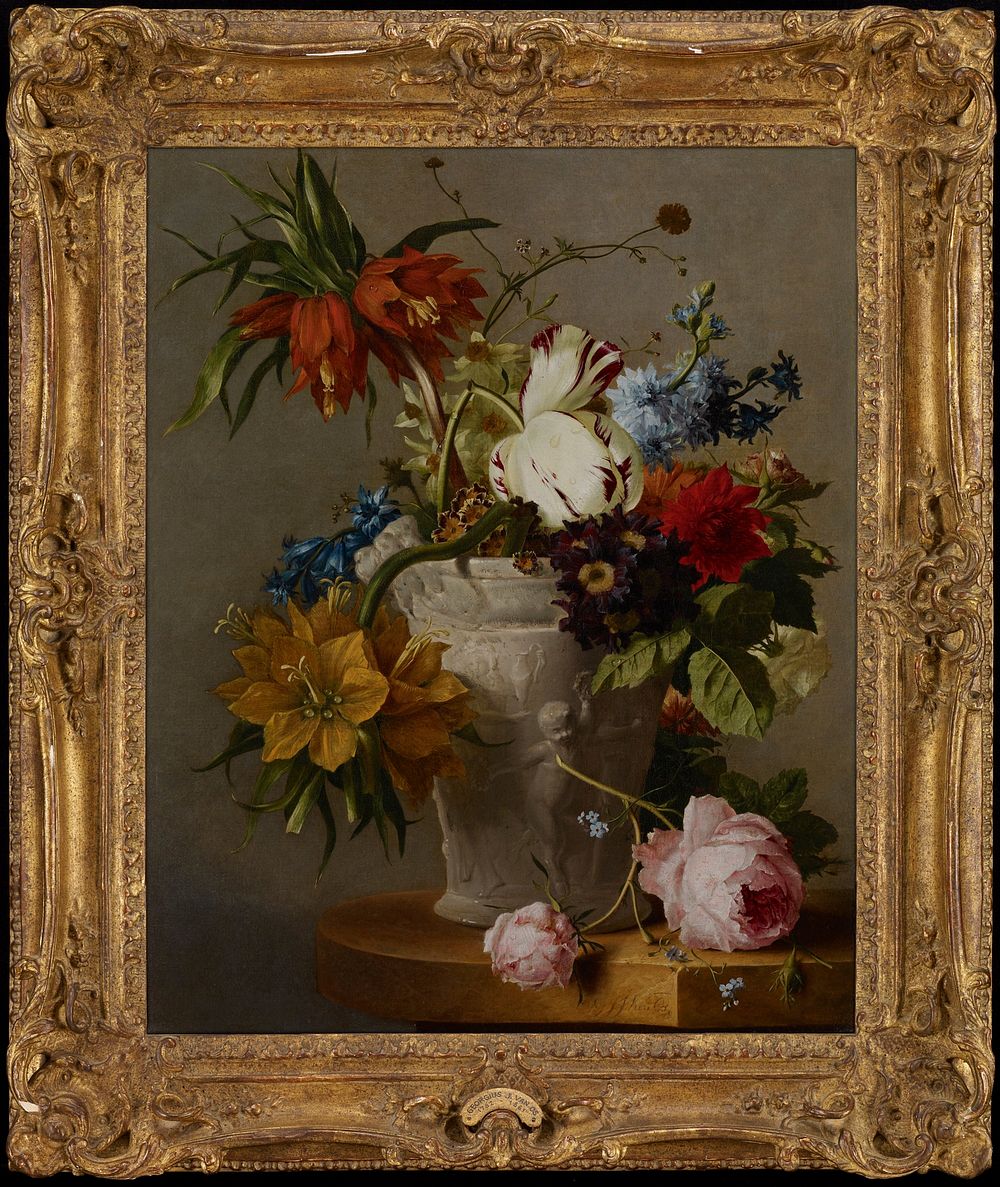 Varied floral arrangement in a white ceramic vase with putti; grey ground. Original from the Minneapolis Institute of Art.