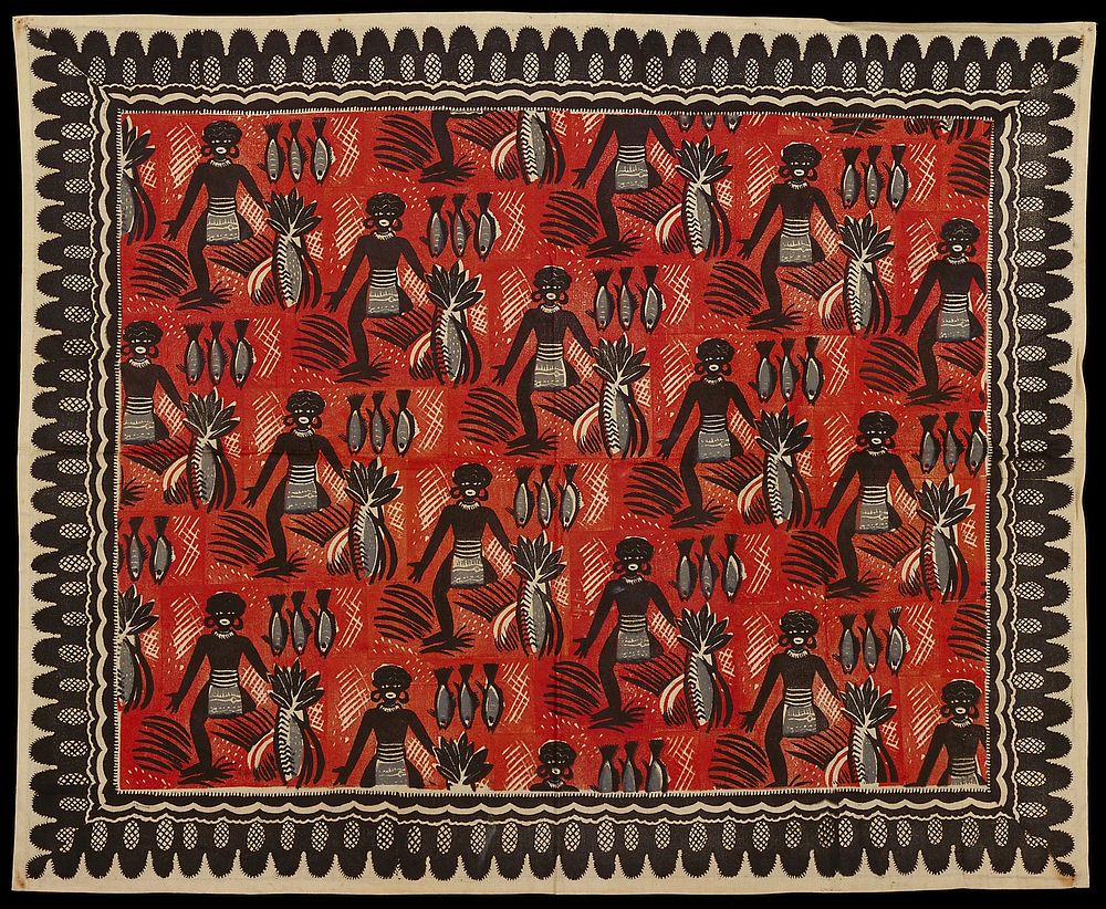 tan fabric with repeated printed design in black, brick red and grey of stylized African native woman with a bush in front…