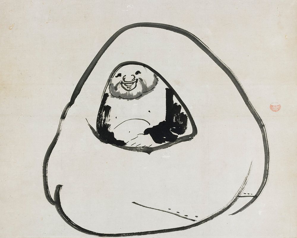 Heavy-set man seated inside a large sack; smiling man has light beard and wears dark garment, open at the chest; has storage…