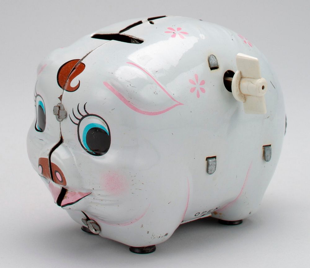 grey pig with three pink flowers on each side; ears outlined in pink; cheeks pink; pink mouth outlined in black; eyes…