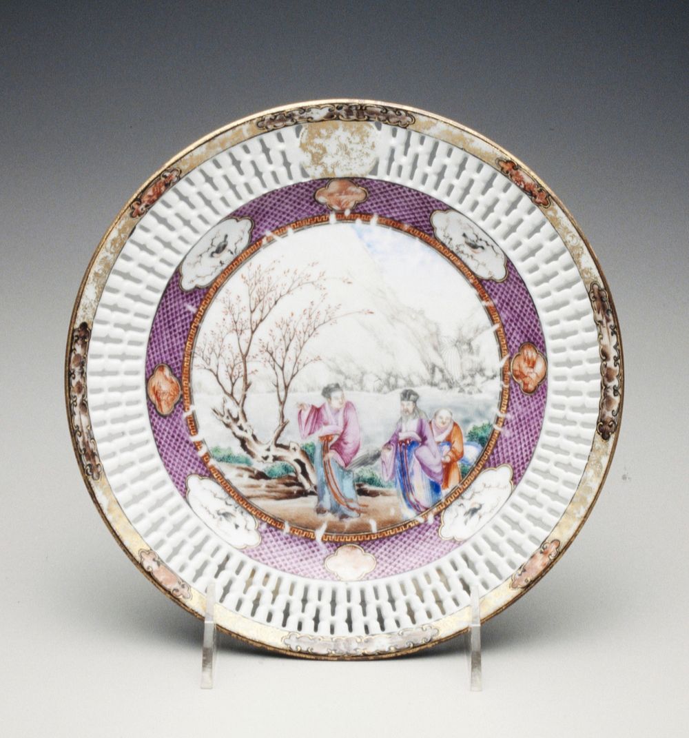 enamelled with famille rose sages beside a blossoming tree, in front of a mountain and waterfall, border pierced with H…