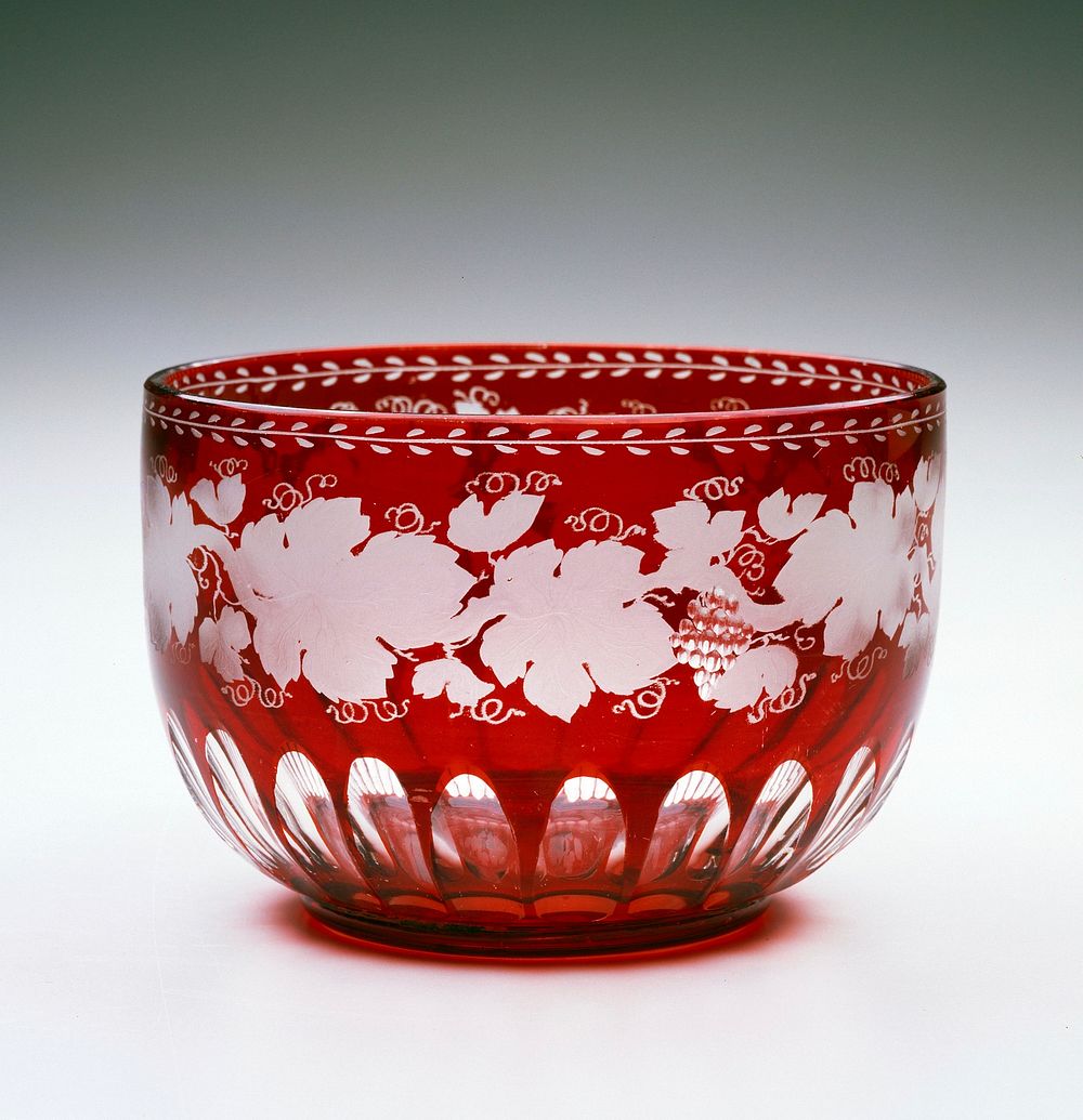 ruby glass bowl decorated with grape and leaf design. Original from the Minneapolis Institute of Art.