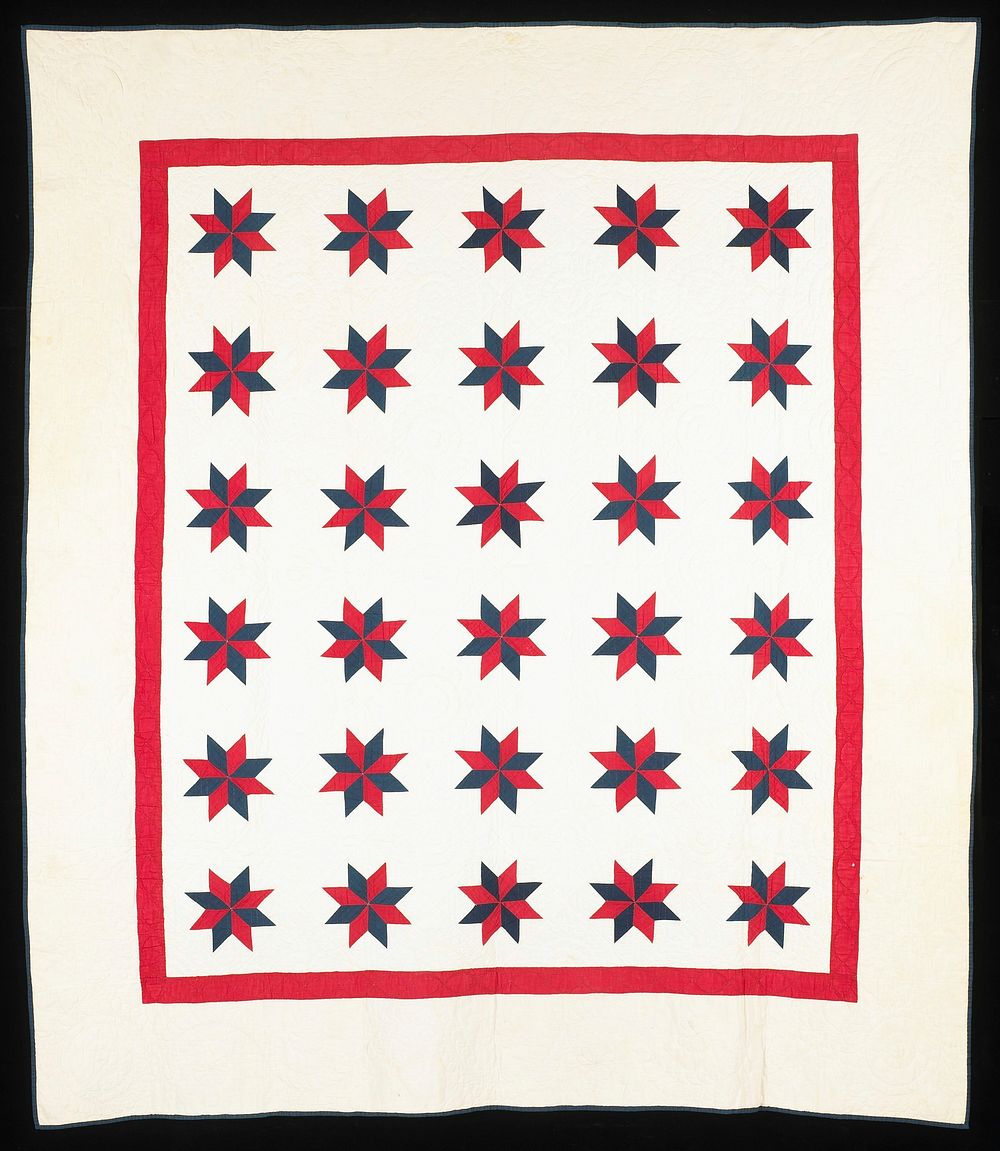 red and blue with white backing and background; thirty blue and white stars with red border; scalloped circular quilted…