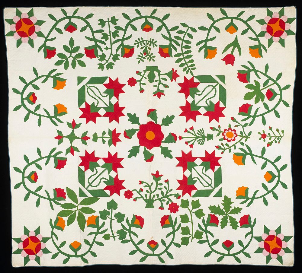 orange, red, and red and white print flowers of varying styles; central red and orange floral medallion; white ground and…