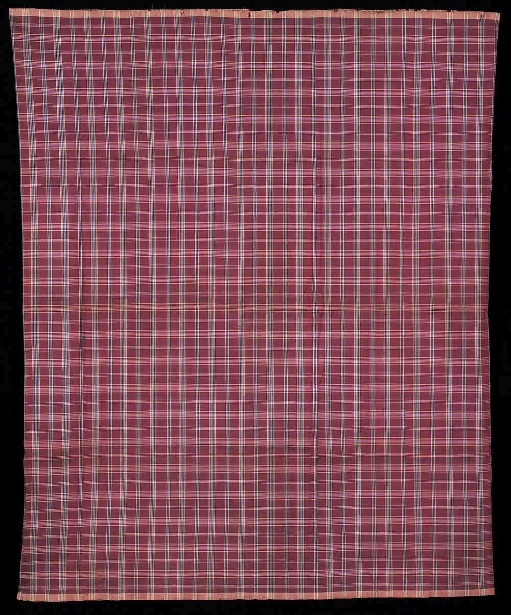 small plaid pattern in burgundy with blue and cream; selvedges top and bottom. Original from the Minneapolis Institute of…