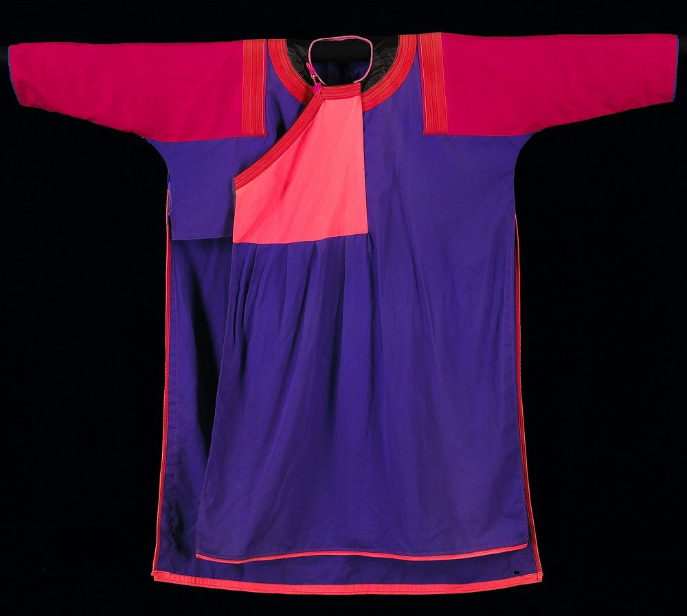 loose purple tunic with long side vents with orange binding and red sleeves; right front diagonal opening--orange; neck and…