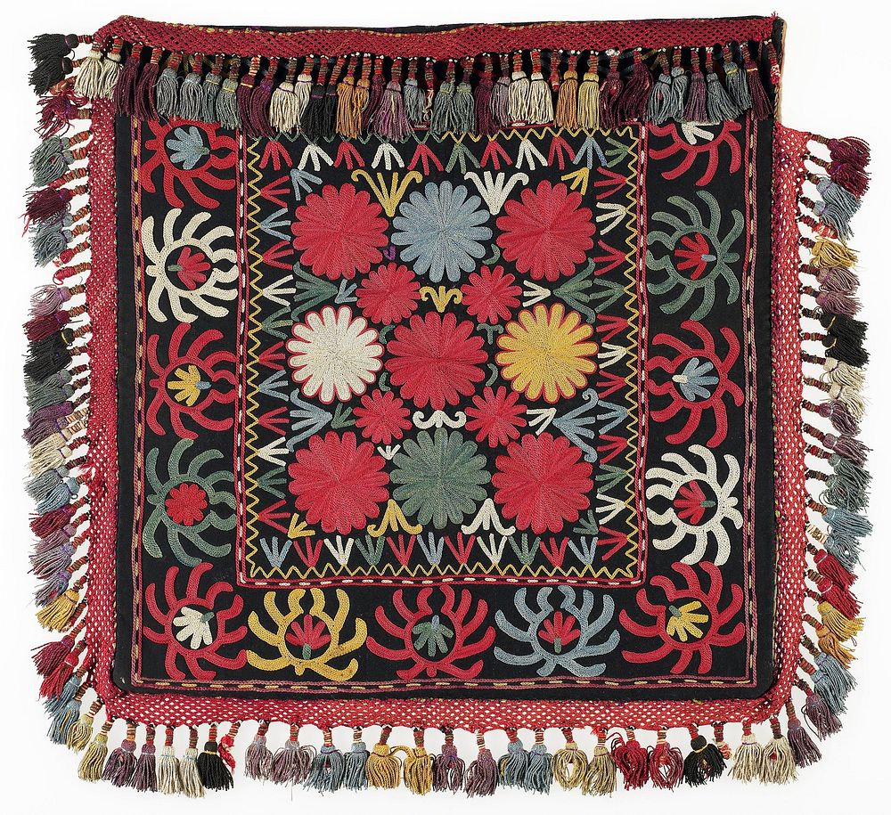 Braided-net fringe, Bag back: striped cloth, lined. Black wool ground with polychrome silk embroidery. There is a braided…
