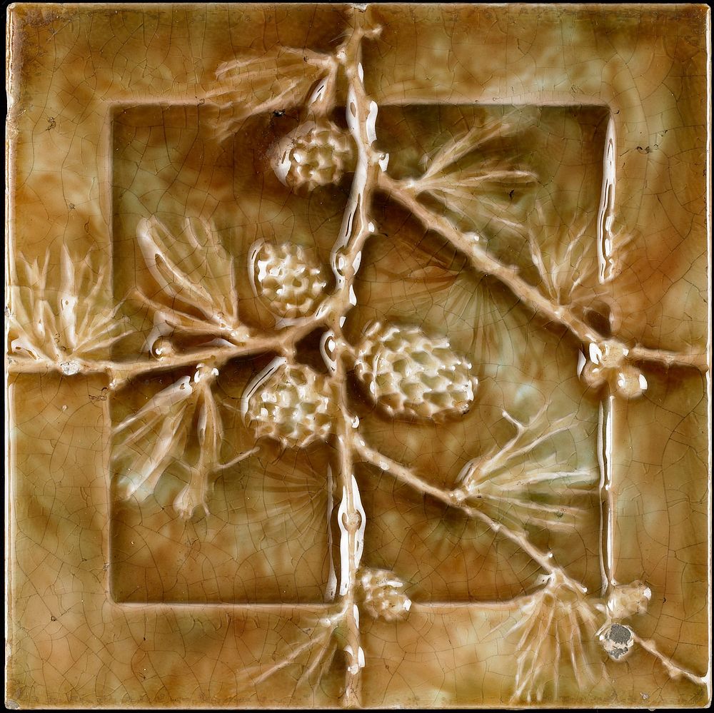 tile molded with branch with pine needles and cones; brown-cream mottled glaze. Original from the Minneapolis Institute of…