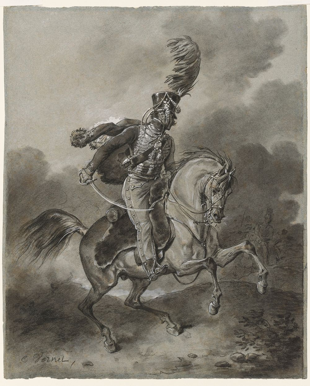 soldier wearing an elaborate uniform and carrying a curved sword, riding a prancing horse; stormy skies. Original from the…