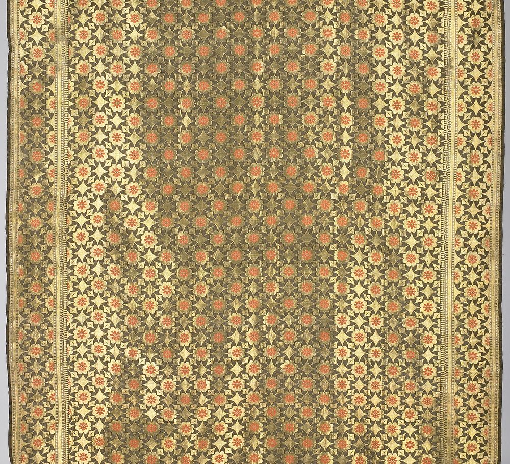 dark olive with floral and geometric metallic gold brocade in overall pattern; borders in same design; orange highlights in…