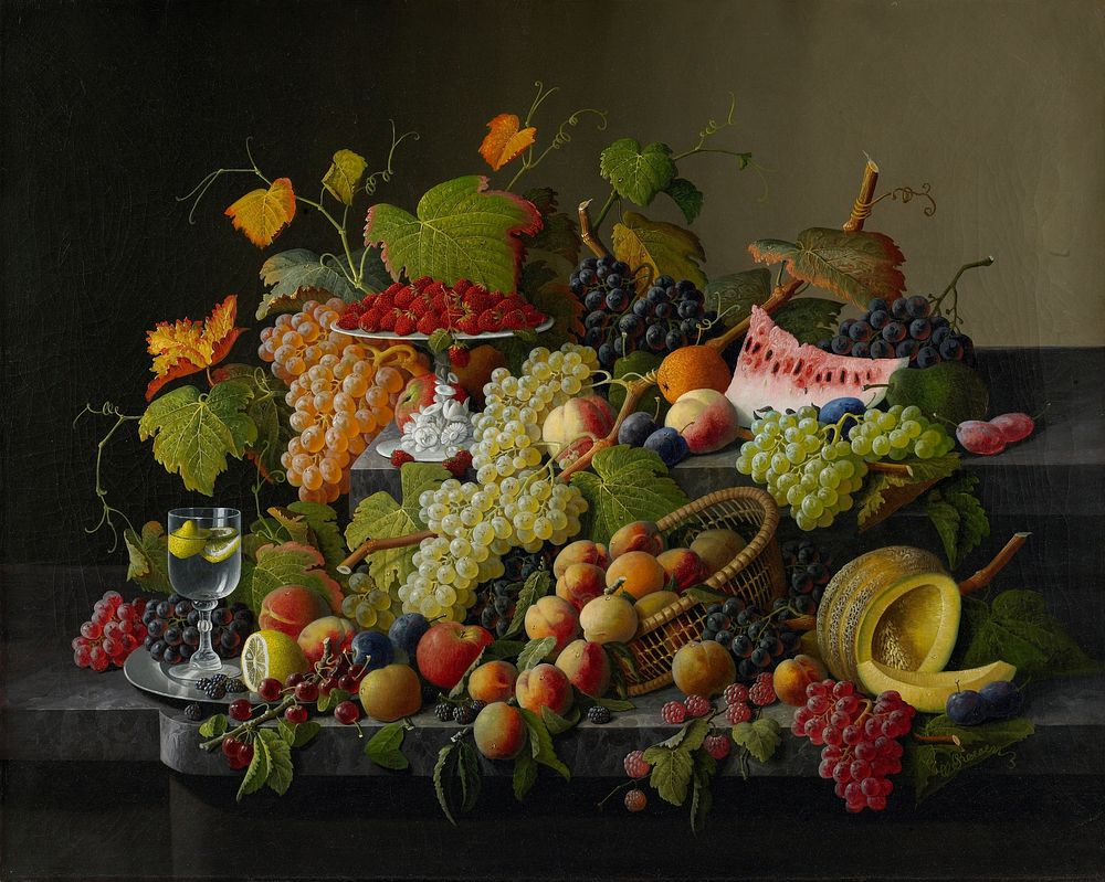 still life with grapes of various colors and grapevines and leaves, melon, peaches, raspberries, blackberries, plums…