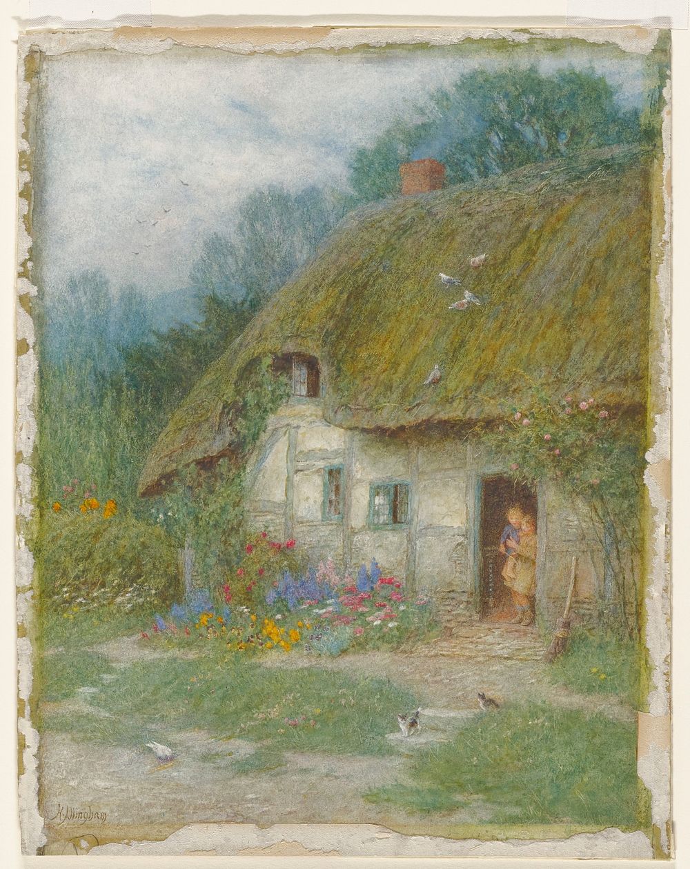 two children (larger child holding smaller) in the open doorway of a small cottage with thatch roof; birds on roof; two…