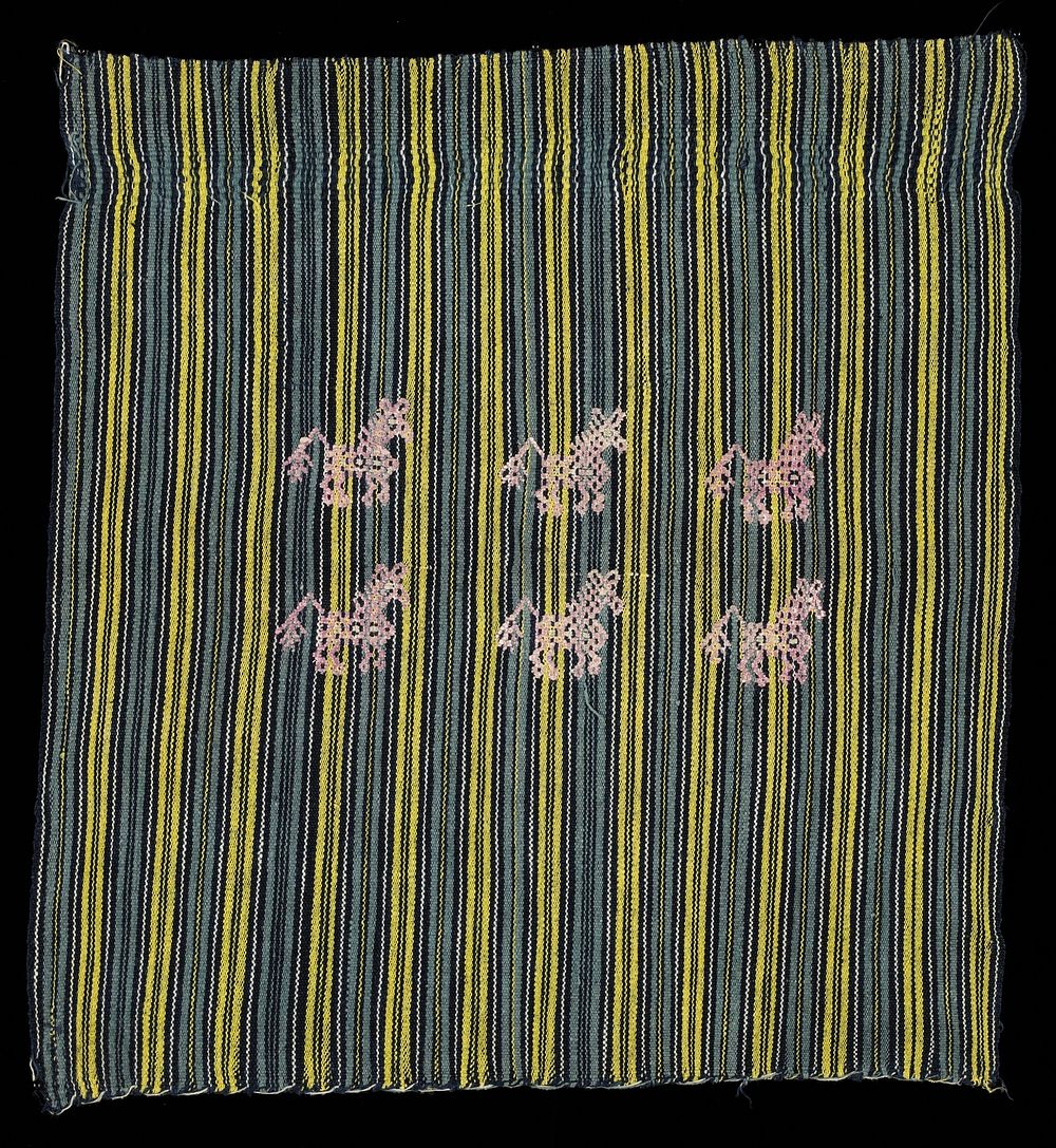 woven vertical stripes in blue, yellow, black and white with six pink embroidered horses in center of piece; ends were…
