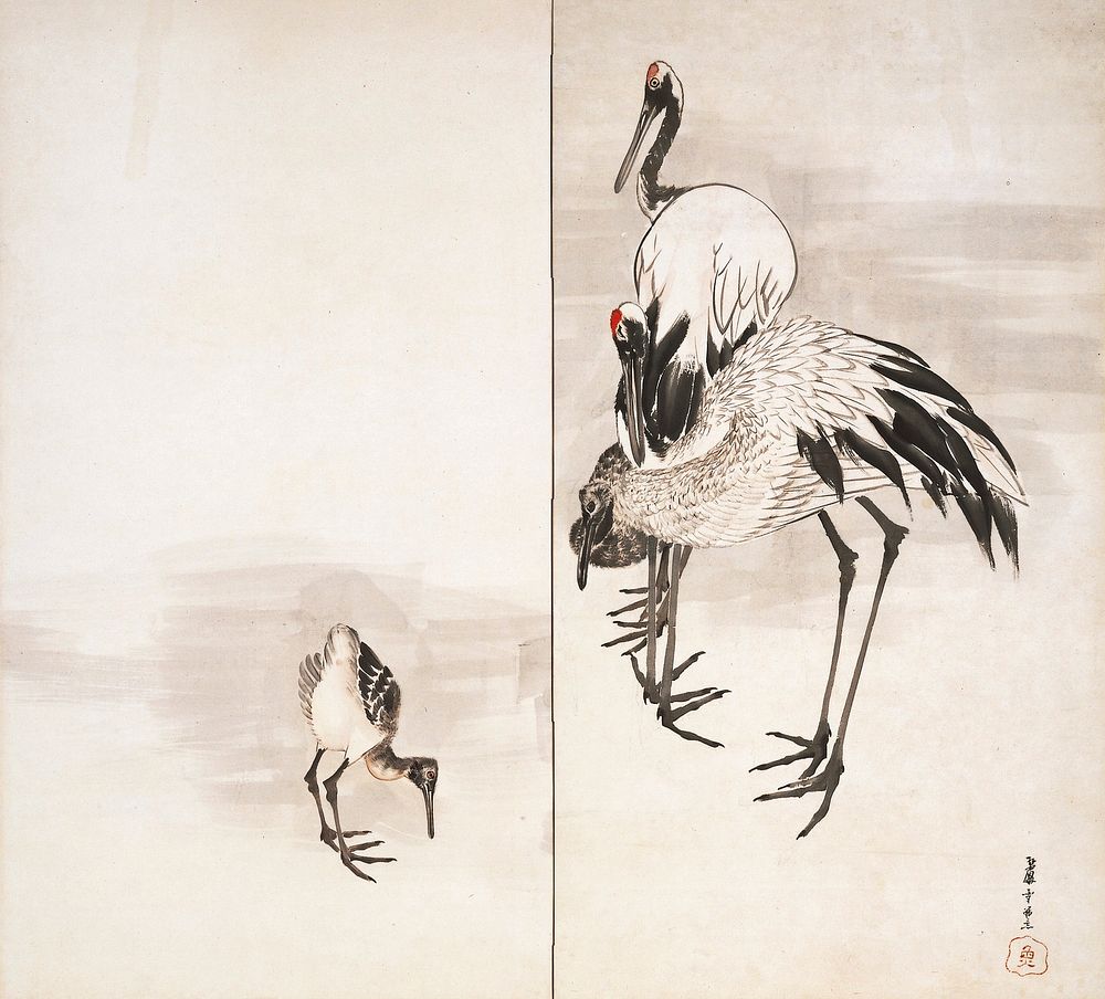 Two-fold screen; R screen from pair; very young crane at L panel; three cranes at R panel. Original from the Minneapolis…