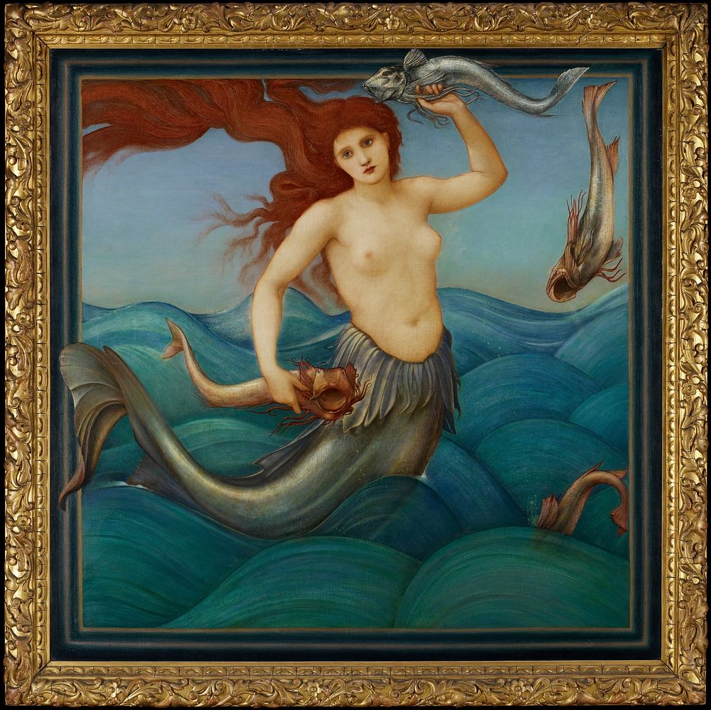mermaid with flowing red hair rising above the waves; she is holding a fish in each hand. Original from the Minneapolis…