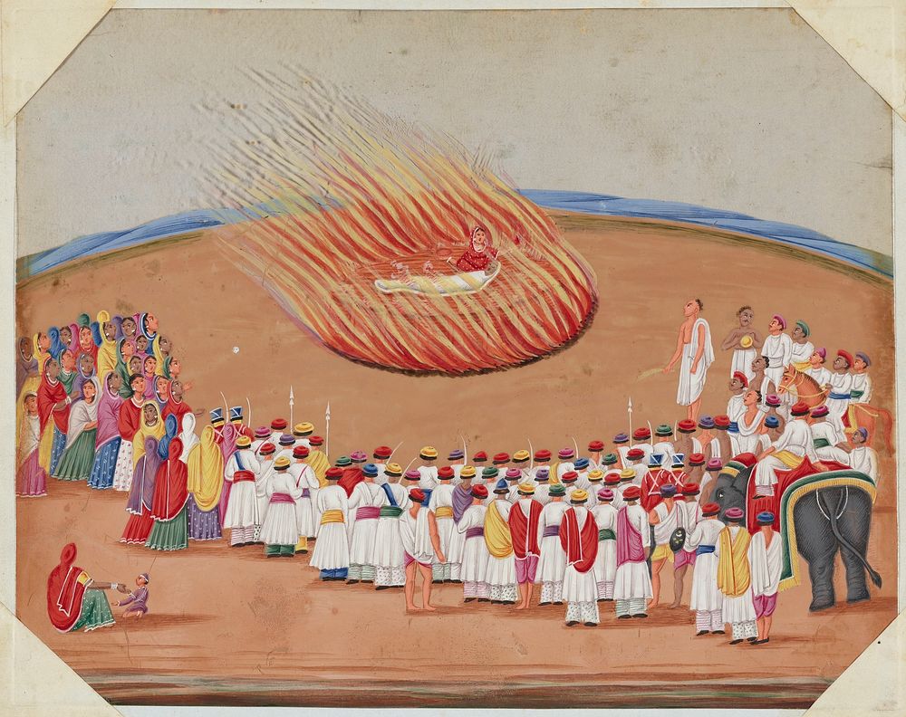 A wife joins her husband on a funeral pyre surrounded by a large processional crowd. Original from the Minneapolis Institute…
