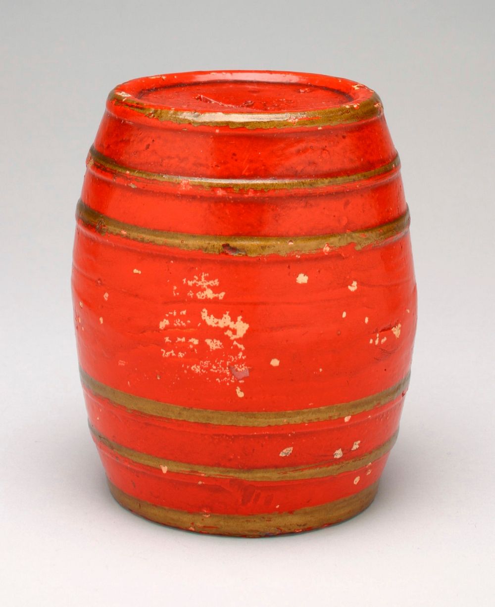 red barrel with gold bands (6); coin slot in top. Original from the Minneapolis Institute of Art.