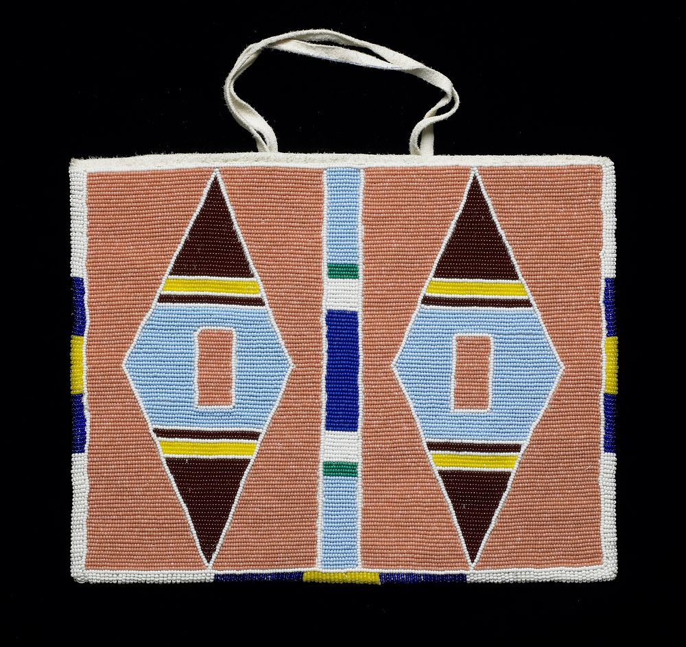 rectangular beaded panel backed with thin hide panel; two thin loop straps; geometric beadwork in block and diamond designs…