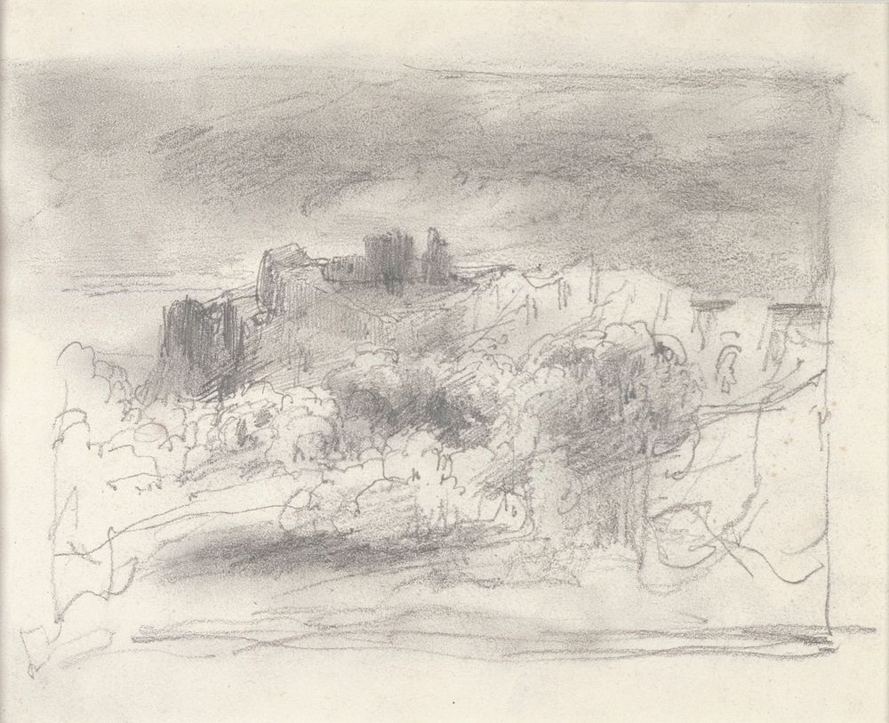 Ruined Castle on a Cliff (1834) drawing in high resolution by Th&eacute;odore Rousseau. Original from the Minneapolis…