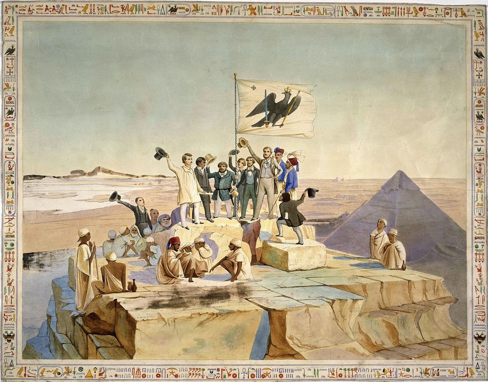 The participants of the Prussian Egypt expedition on the top of the Great Pyramid, watercolor by Johann Jakob Frey, 1842.