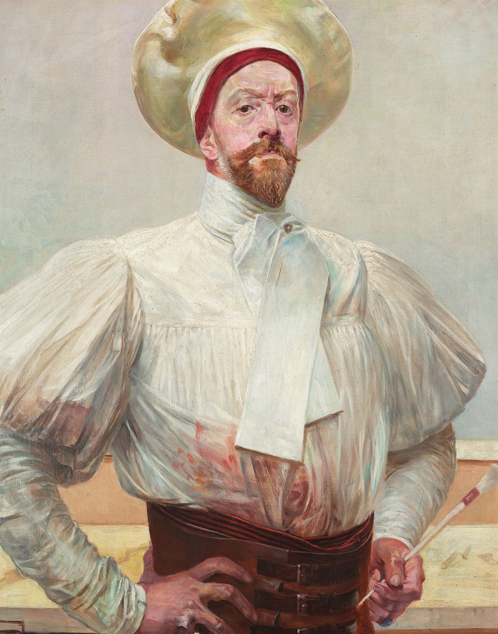 Self-portrait of artist Jacek Malczewski wearing a white traditional 19th century artist's smock (or smock-frock), a white…