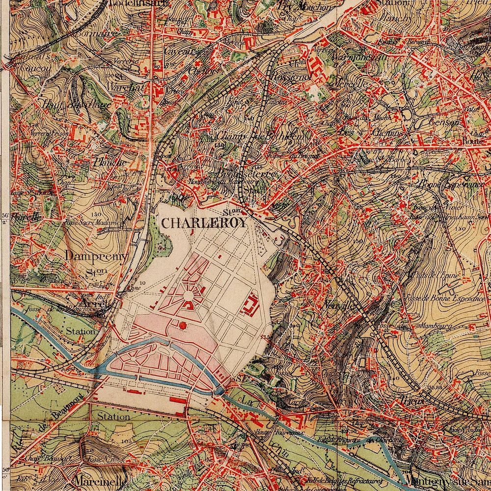 Charleroi en 1873. Carte topographique de la Belgique en couleurs (1865 - 1930) au 1/20.000. La première édition en…