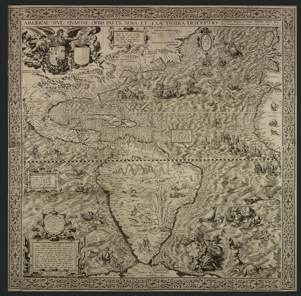 Map by Diego Gutiérrez showing the Spanish Empire at its height. Made for the approval of Philip II, here shown in the guise…