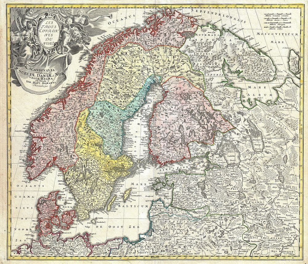 A detailed c. 1730 J. B. Homann map of Scandinavia. Depicts both Denmark, Norway, Sweden, Finland and the Baltic states of…