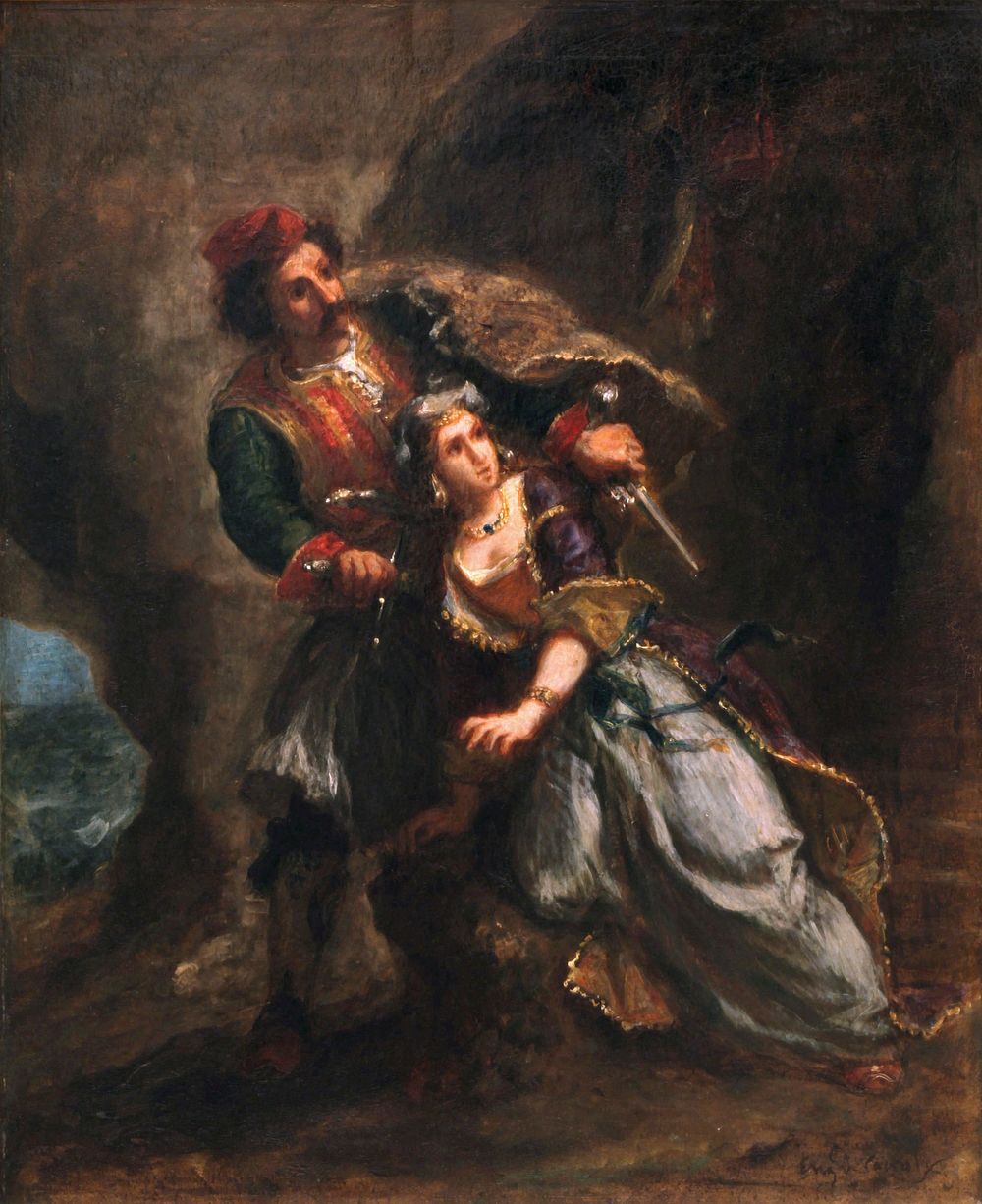 The painting depicts Selim and Zuleika from Lord Byron's poem The Bride of Abydos by Eug&egrave;ne Delacroix