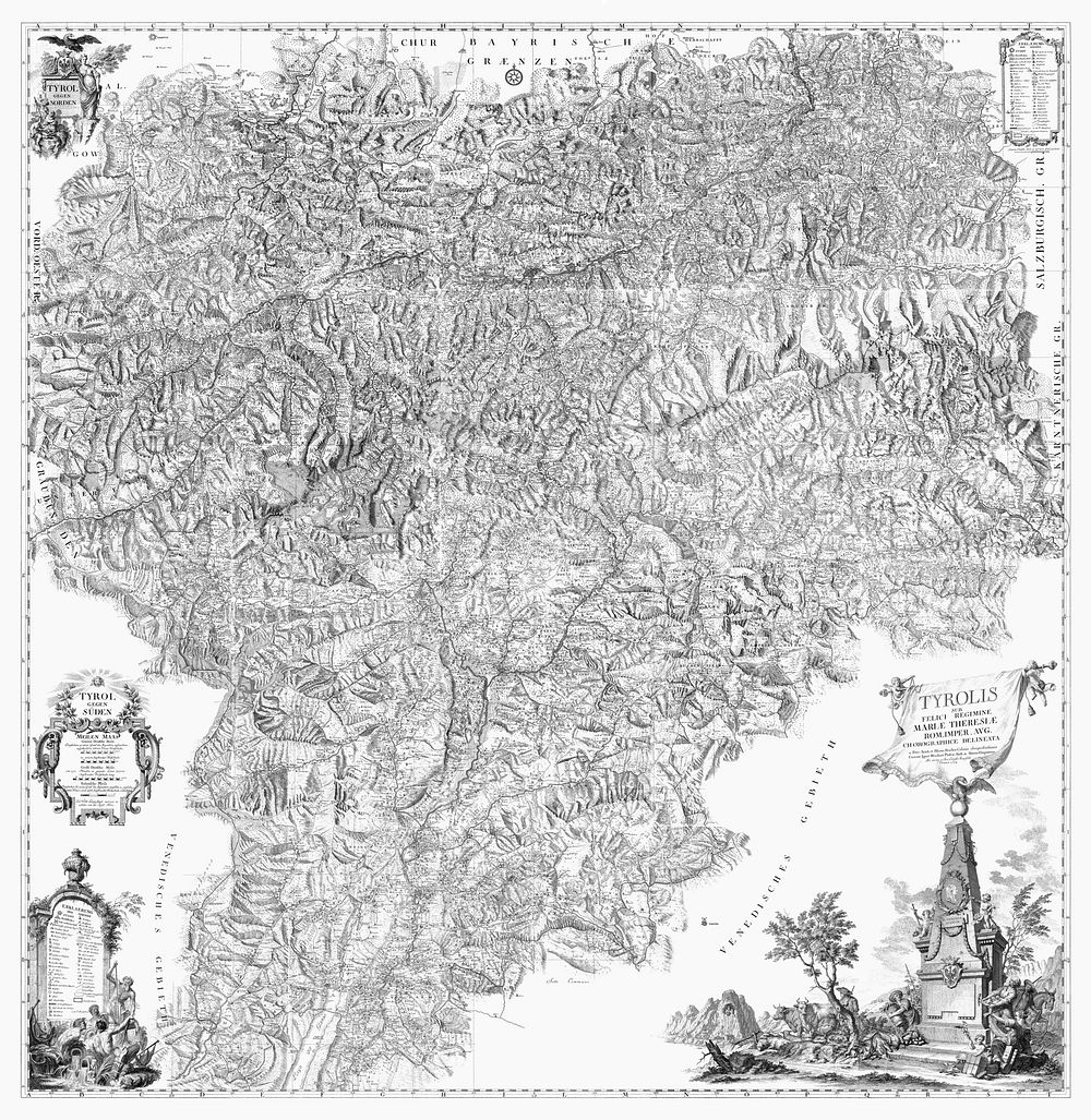 Atlas Tyrolensis by Peter Anich and Blasius Hueber, 1774, scale 1:103.800. Caption: Tyrol, under the fortunate rule of Maria…
