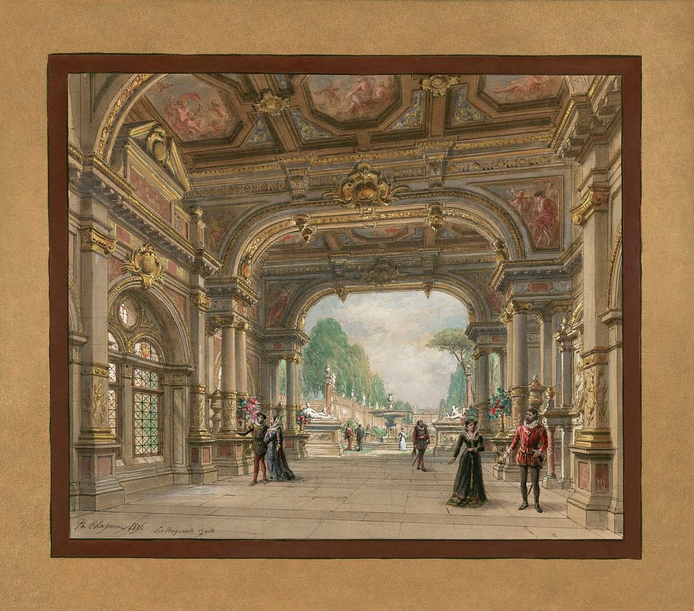 Les Huguenots: sketch of the opera set for the first act (1896). Pen, watercolour and gouache; 380 x 442 mm. For the Théâtre…