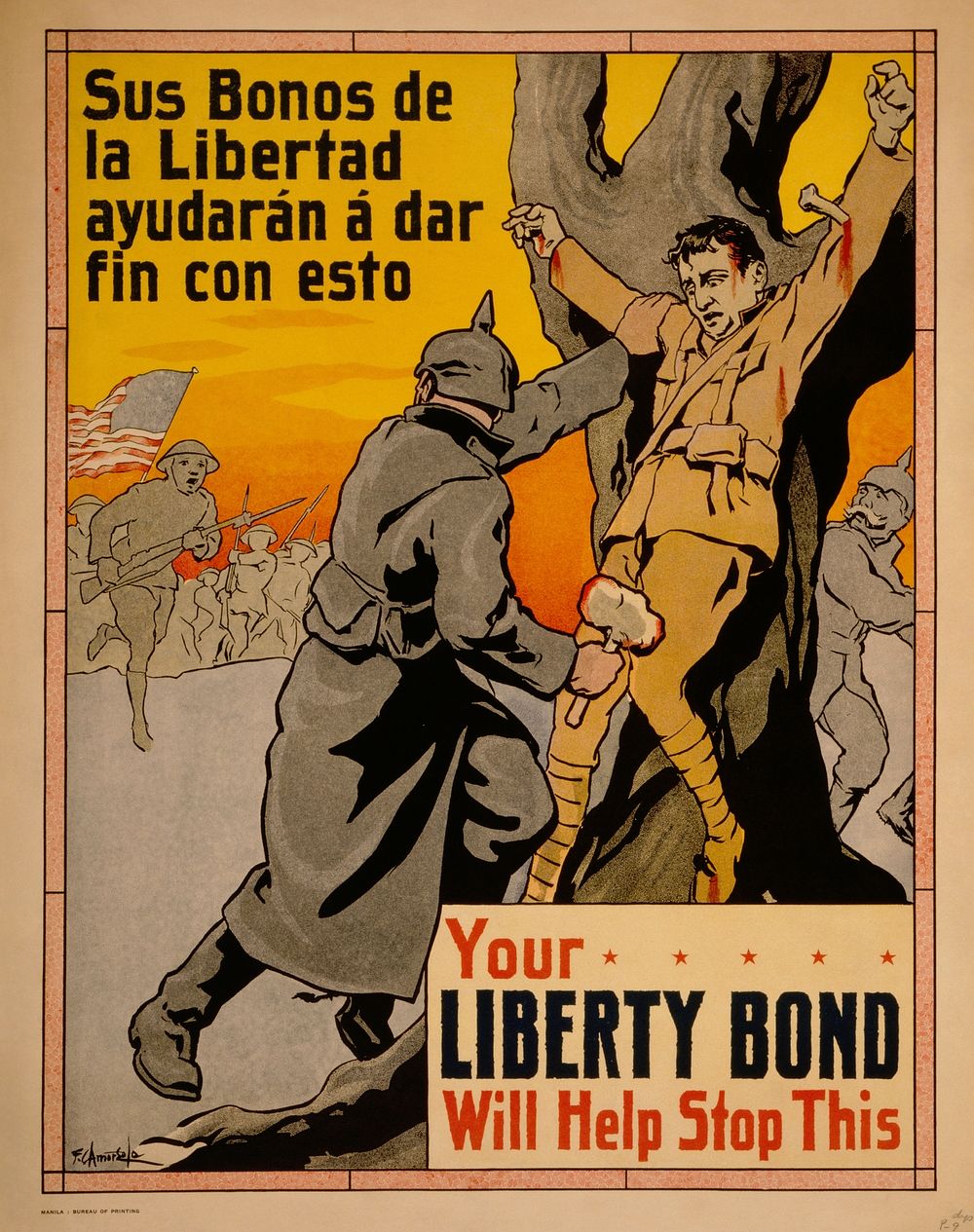 Poster showing German soldiers nailing a man to a tree, as American soldiers come to his rescue. "Your Liberty Bond will…