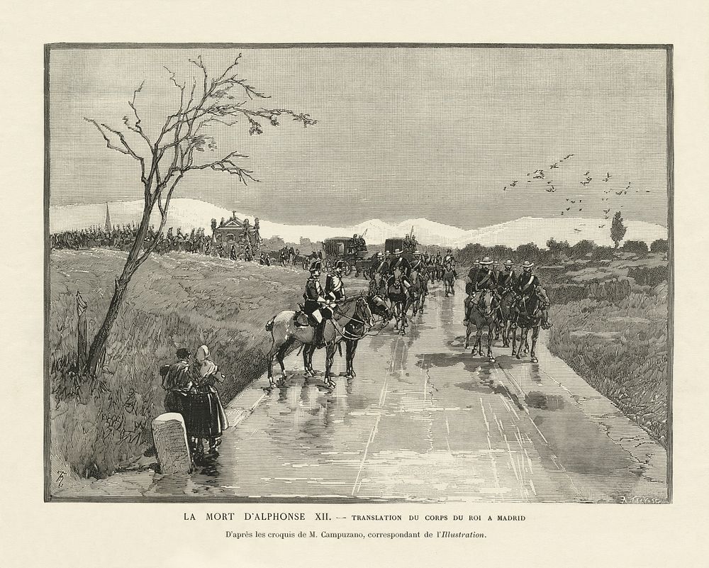 Picture of the funeral procession of King Alfonso XII of Spain to Madrid. Text reads: "LA MORT D'ALPHONSE — translation du…