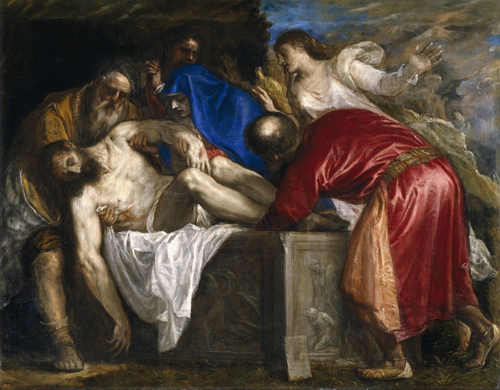 Joseph of Arimathea, Nicodemus and the Virgin Mary take Christ in the tomb watched by Mary Magdalene and Saint John the…