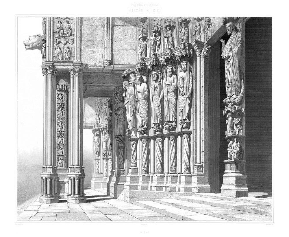 Cathedral of Chartres, Lithography 1867, Jean-Baptiste-Antoine Lassus, south entrance, Original size 90 x 120 cm