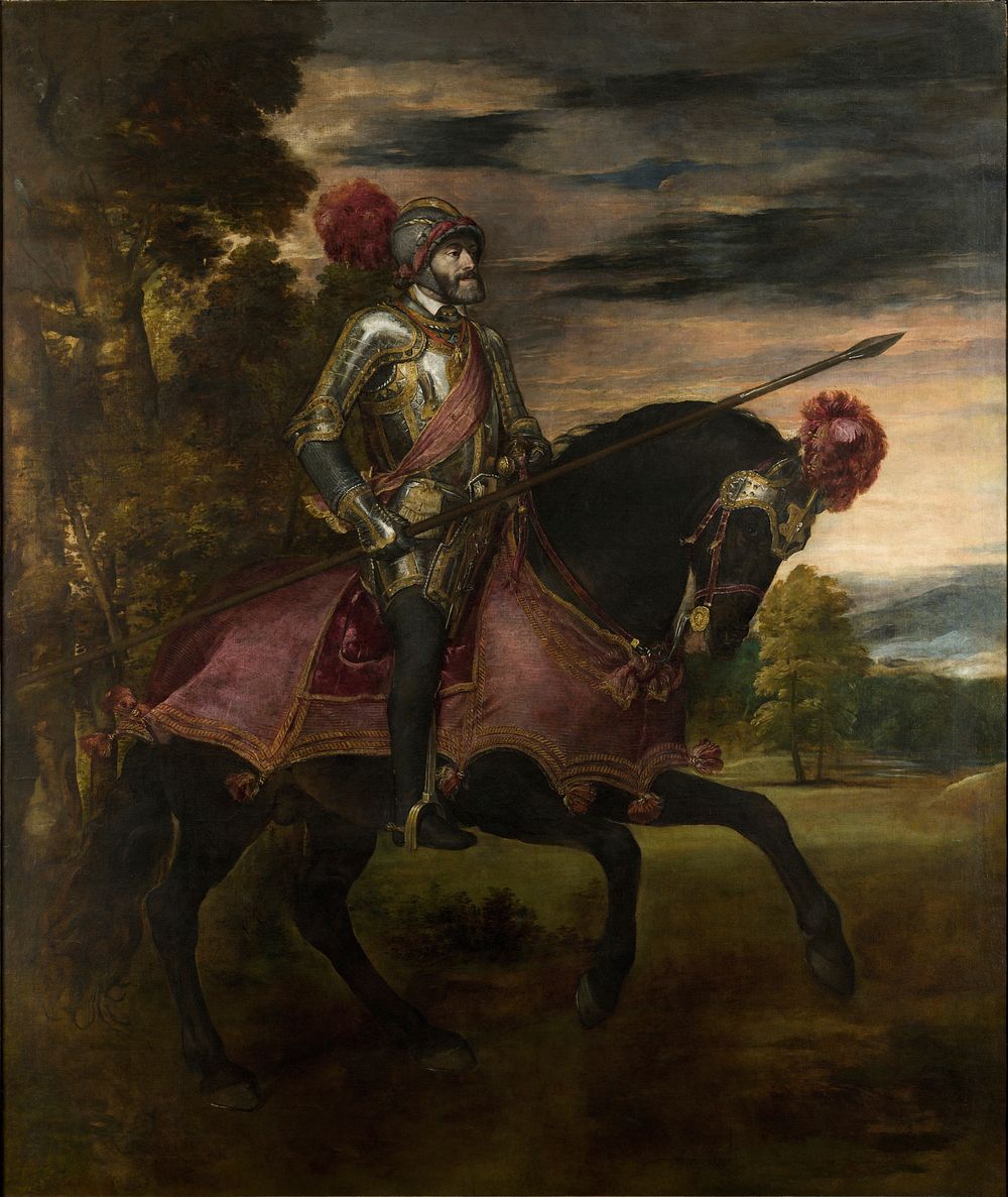 Portrait of Charles V on horseback, painted by Titian in Augsburg (1548) to celebrate the Battle of Mühlberg, located in the…