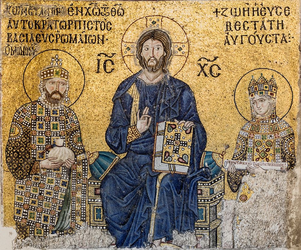 The Empress Zoe mosaics (11th-century) in Hagia Sophia (Istanbul, Turkey)Christ Pantocrator is seated in the middle. On his…