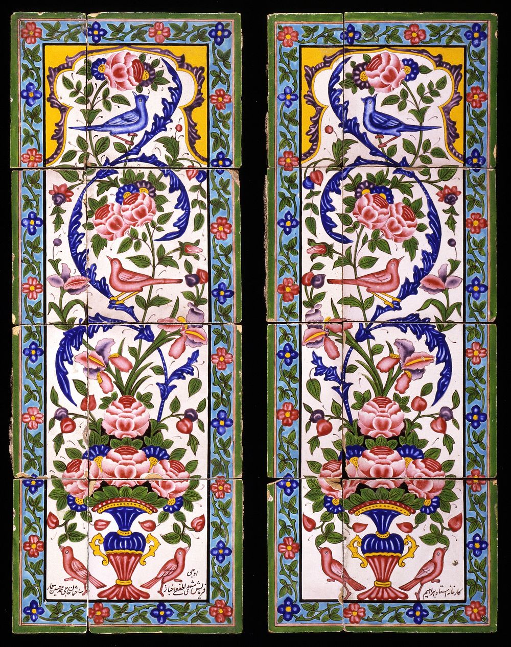 Two panels of earthenware tiles painted with polychrome glazes over a white glaze. Iran; 19th century first half. Each…