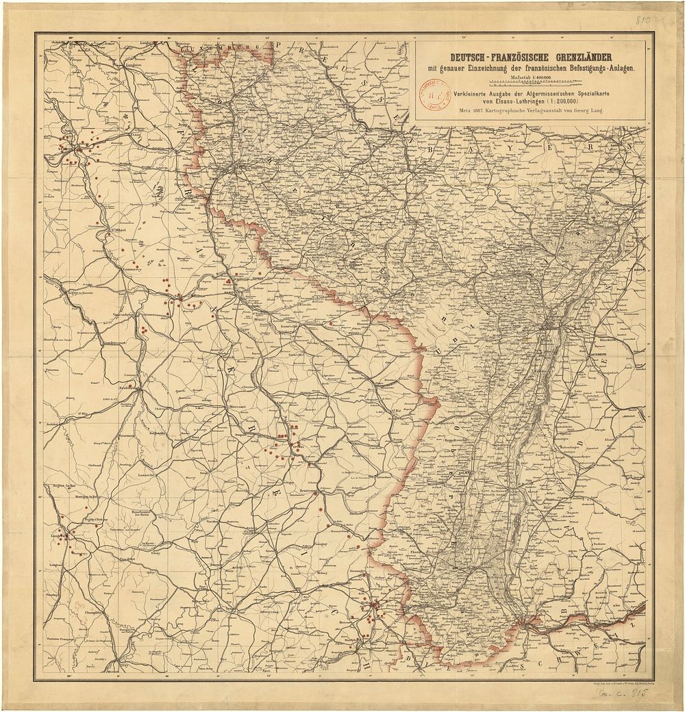 Titre : Deutsch-französische Grenzländer, mit genauer Einzeichnung der französischen Befestigungs-Anlagen. 1/400 000.…