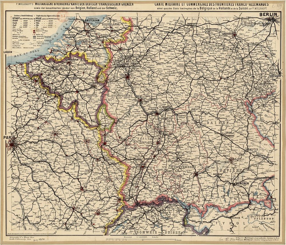 Map military and commercial Franco-German border and the neighboring states of Belgium, Holland and Switzerland