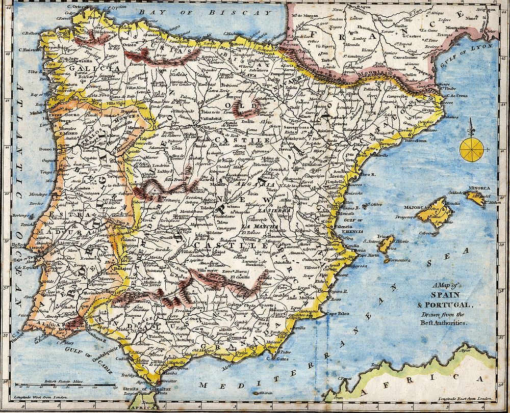 18th century hand-coloured engraved map of the Iberian peninsula depicting various topographical features of the land, as…