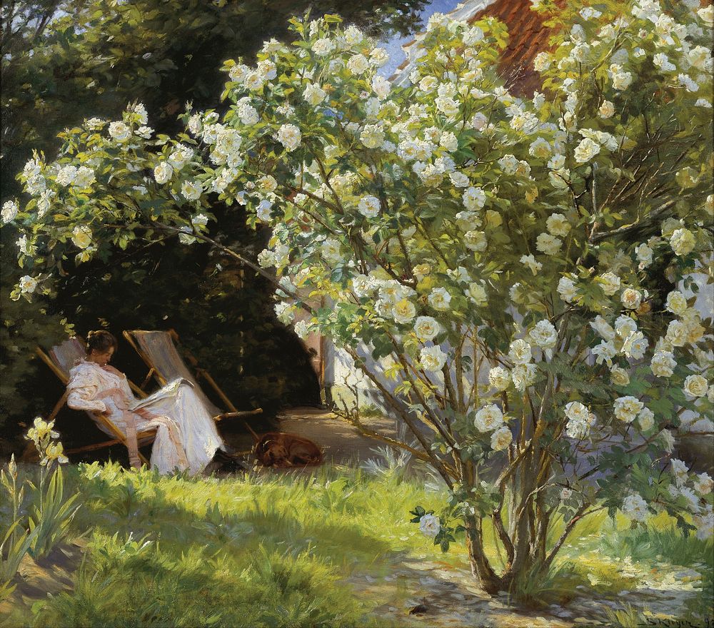 P.S. Krøyer - Roses. Marie Krøyer seated in the deckchair in the garden by Mrs Bendsen's house - Google Art Project