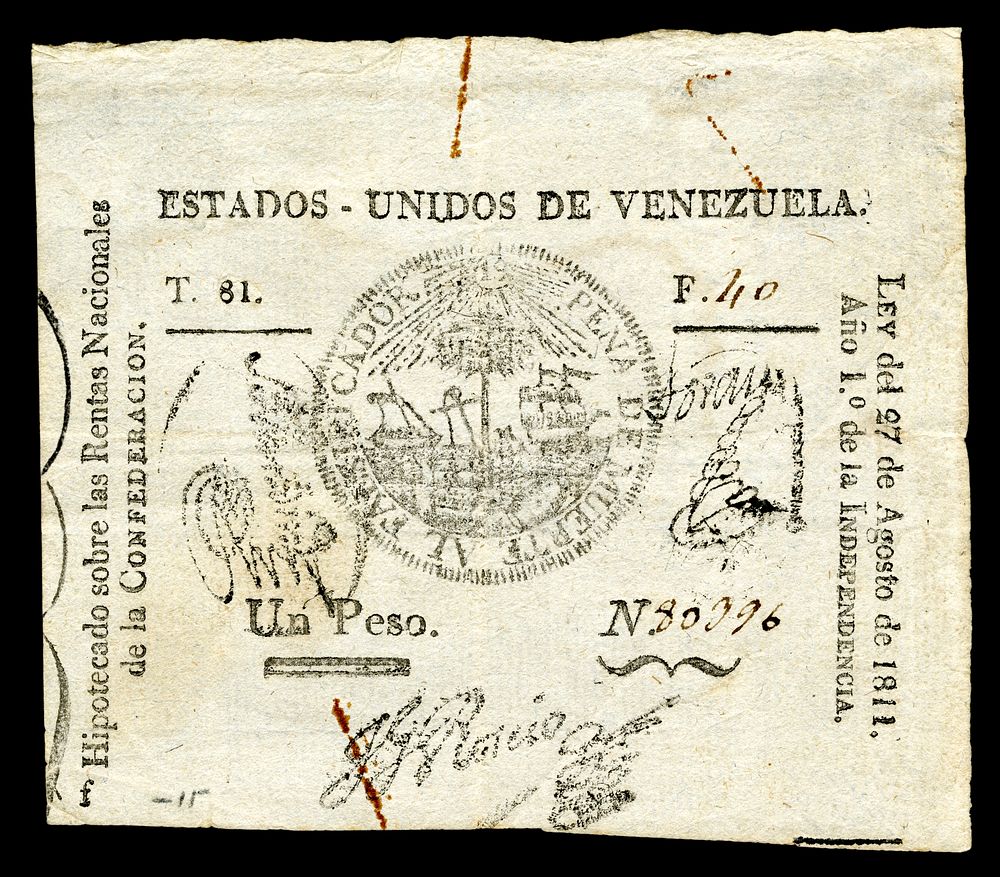 United States of Venezuela (Treasury Note), 1 peso, under law dated 27 August 1811. First issue of Venezuelan national paper…