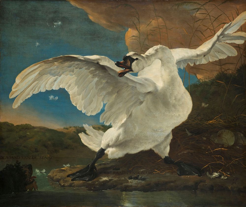 A swan protects her nest against a dog. The scene was later turned into a political allegory by refering to the swan as…