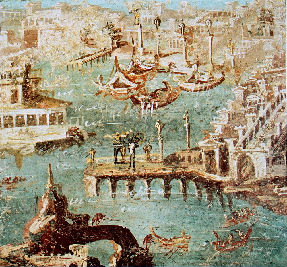 Harbor scene, fresco. 51.5 x 49.5 cm. From Stabiae, Italy.